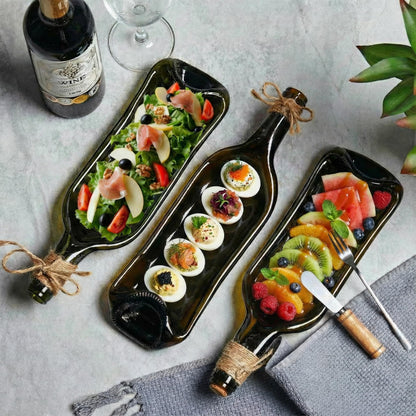 Bokon 1 Pcs Melted Wine Bottle Serving Board Decorative Cheese Tray Charcuterie Board with Knife Fork Cracker Platter Wine Lover Gift for Party Housewarming Supplies (Brown)