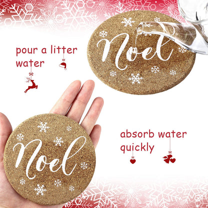 Patelai 6 Pieces Christmas Coasters Christmas Cork Coaster 4 Inch Round Shaped Farmhouse Coasters Heat-resistant Cup Mat Peace Joy Noel Printed Coasters for Drink, Cup, Mugs Living Bedroom Party Decor