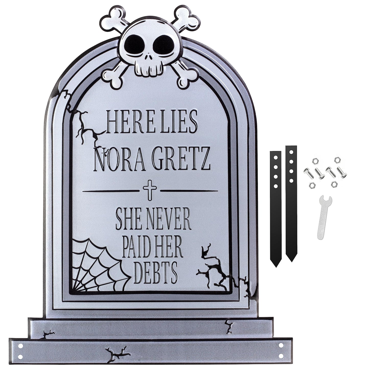 3-D Metal Halloween Ghost XL 17" Tombstone w Stakes - RIP Nora Gretz- Durable, Rustproof, UV Raised Printing- Upgrade Your Haunted House Mansion w Cemetery Lawn Decor- No More Flimsy Foam Graveyards