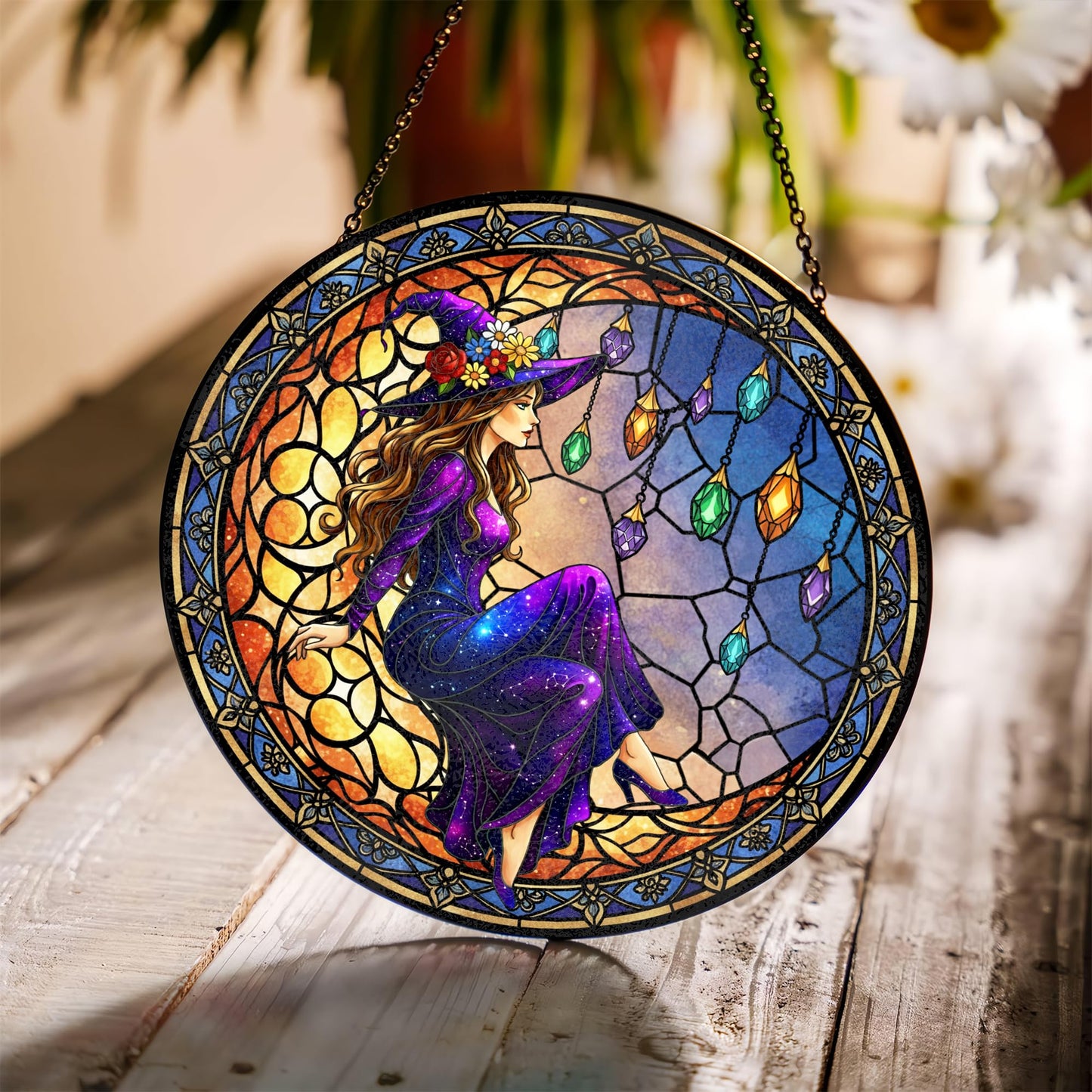 FIVITY 7.8" Moonlight Witch Suncatcher Stained Glass Window Hanging Mystical Witchy Sun Catchers Halloween Ornaments Wall Art Door Garden Room Home Decor Birthday for Teens Women