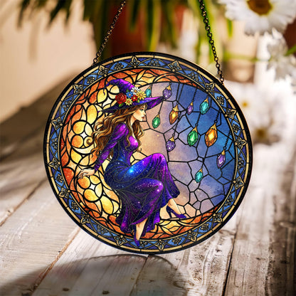 FIVITY 7.8" Moonlight Witch Suncatcher Stained Glass Window Hanging Mystical Witchy Sun Catchers Halloween Ornaments Wall Art Door Garden Room Home Decor Birthday for Teens Women