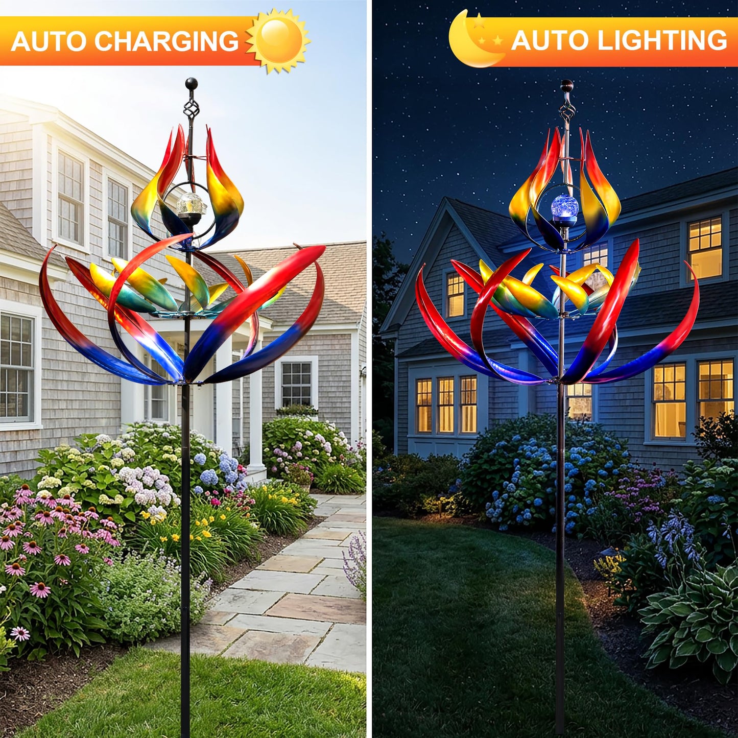 106" Solar Wind Spinners Outdoor Large Metal - Kinetic Wind Sculptures with Crackle Glass LED Globe, Heavy Duty Garden Decor for Outside Lawn Patio, Stable Stake Windmill Yard Art Gifts
