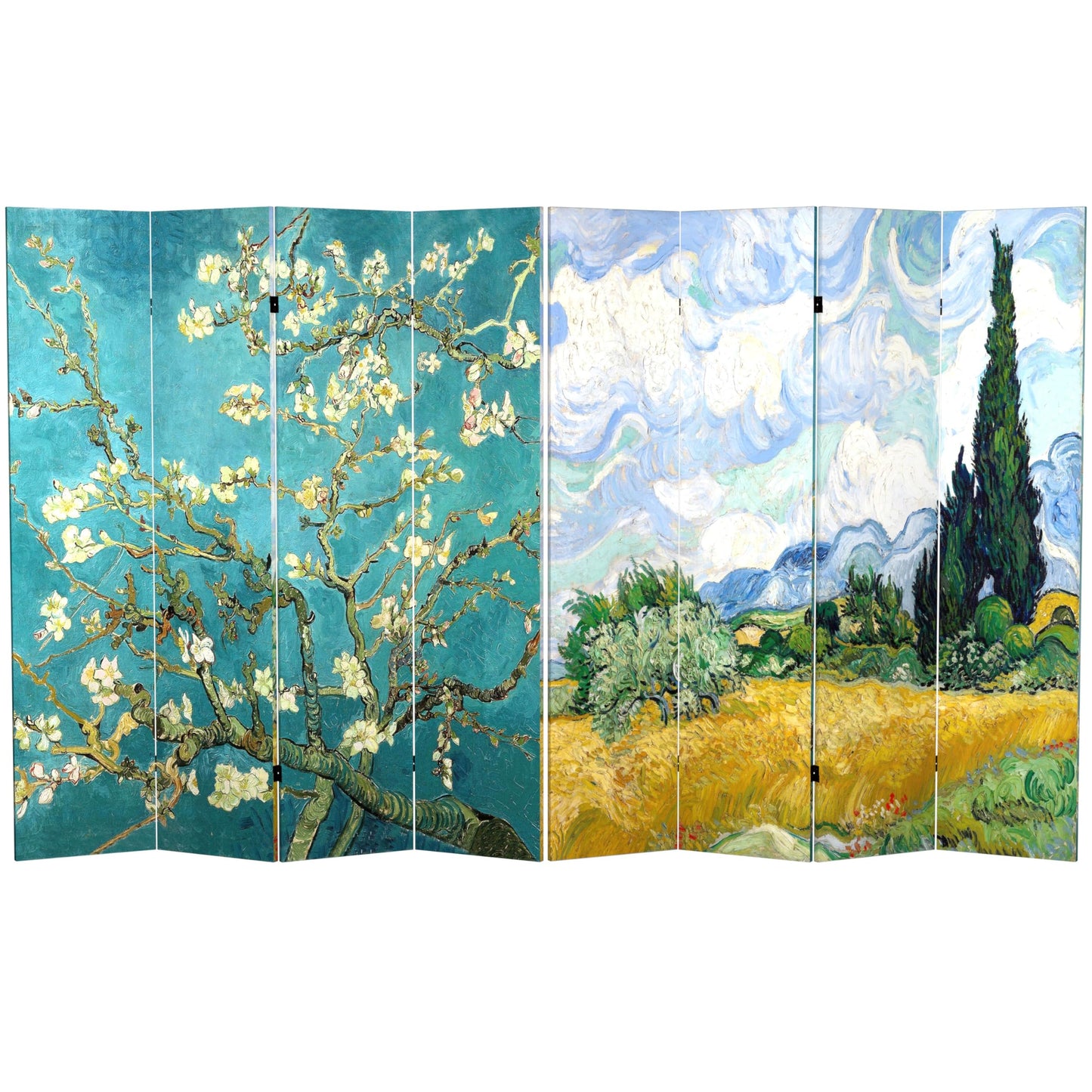 Red Lantern Double Sided Works of Van Gogh Canvas Folding Screen - Almond Blossoms/Wheat Field, 6 ft Tall - 4 Panel