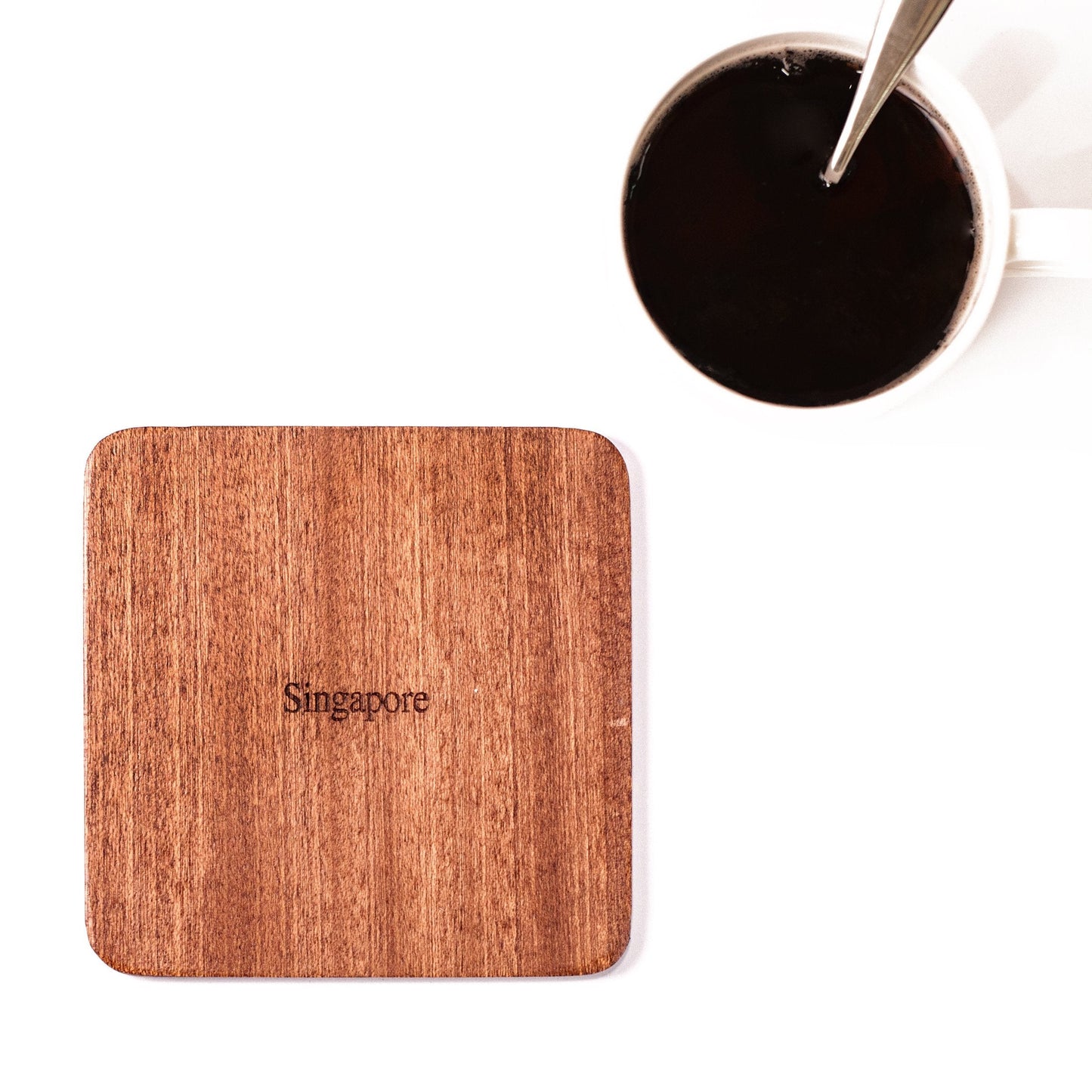 Singapore Map Coaster by O3 Design Studio, Set Of 4, Sapele Wooden Coaster With City Map, Handmade