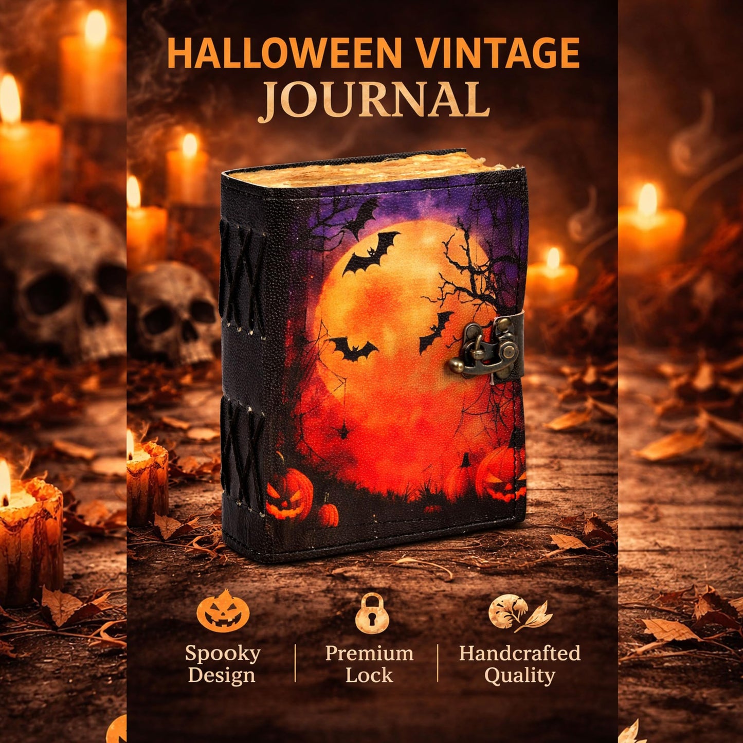 cuero Leather Halloween Journal with Pumpkin & Bat Print, Vintage Handmade Diary with Antique Metal Lock, Thick Handmade Paper, Gothic Notebook for Writing, Sketching & Gift (6.5 x 5)