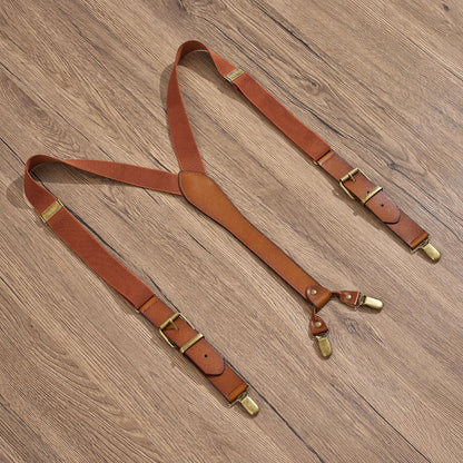 UPSONG Men's Y-Back 4 Metal Clip Elastic Suspenders Vintage Brown Braces Perfect For Both Casual&Formal