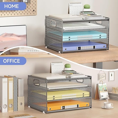 Subekyu Paper Letter Tray Organizer for Desk, Silver Metal Mesh Desk File Folder Sorter Organizer with Handle for Home Office School Supplies Organization