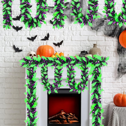 50 FT Halloween Tinsel Garland, Thick Glitter Tinsel Garland Hanging Streamers Green Ghost Metallic Holiday Tinsel Hanging Oranment for Halloween Party Supplies Indoor Outdoor Decoration