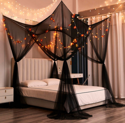 Mengersi Bed Canopy with Lights,Maple Leaf Pumpkin Canopy Bed Curtains Mosquito net,Halloween Theme Party Supplies Festival Decor,Black