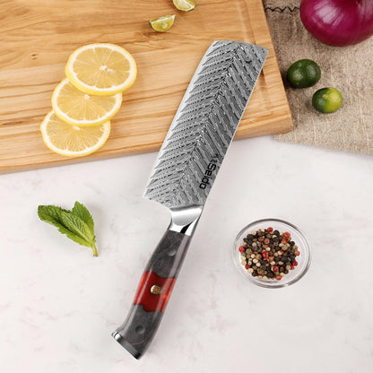Seido Knives Inferuno 7 Inch Nakiri Knife – AUS-10 Core with 73-Layer Damascus Steel and Ergonomic Resin Maple Handle