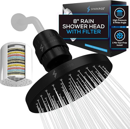 SparkPod 23-Stage Filtered Shower Head, 8" Round, Black Matte | Filtered Shower Head for Hard Water Filter, High Pressure, Reduces Chlorine, Heavy Metals, For Dry Skin & Hair