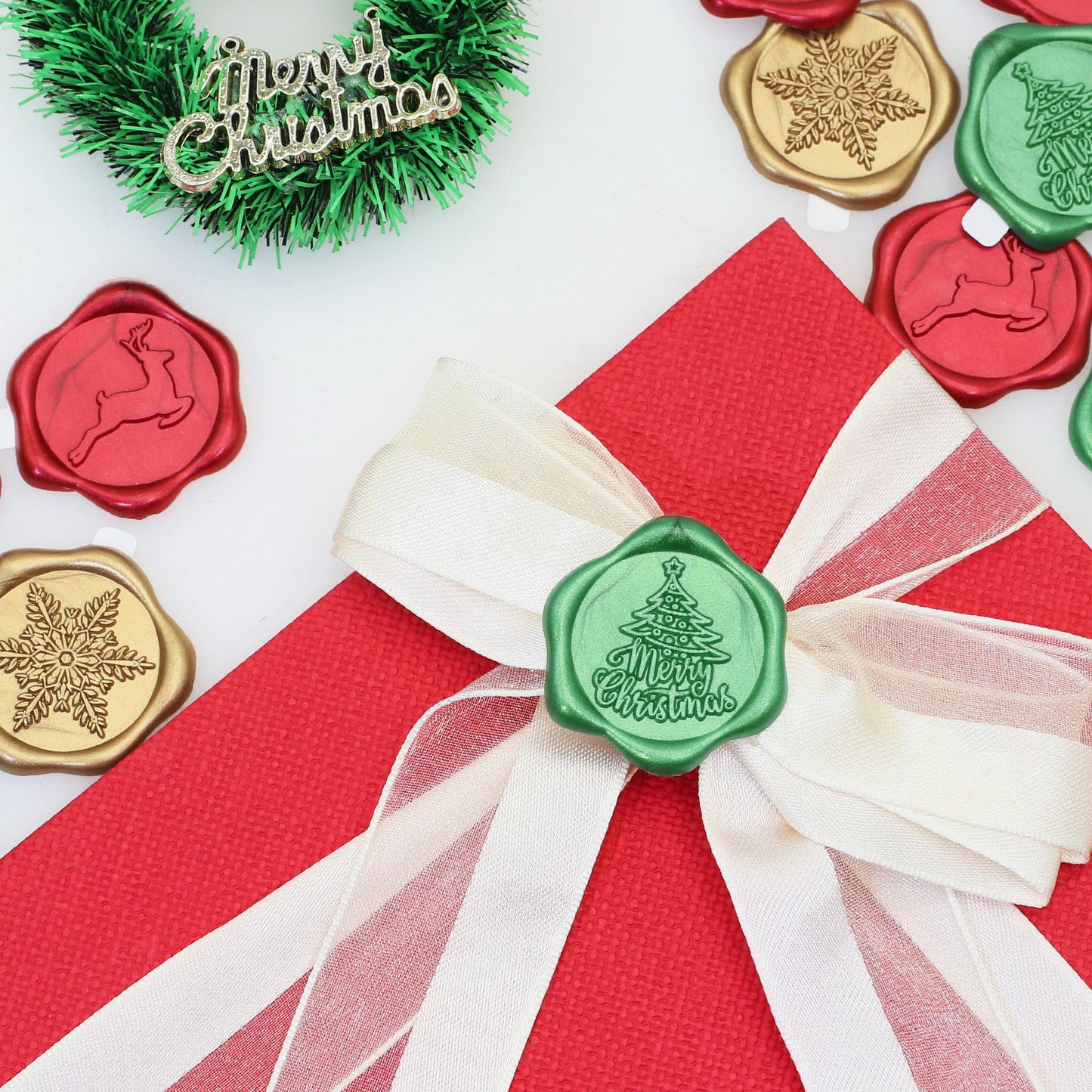 SWANGSA Christmas Seal Wax Seal Stickers, 60Pcs Antique Gold Wine Red Green Self- Adhesive Envelope Seal Stickers for Christmas, Party Invitation, Gift Wrapping