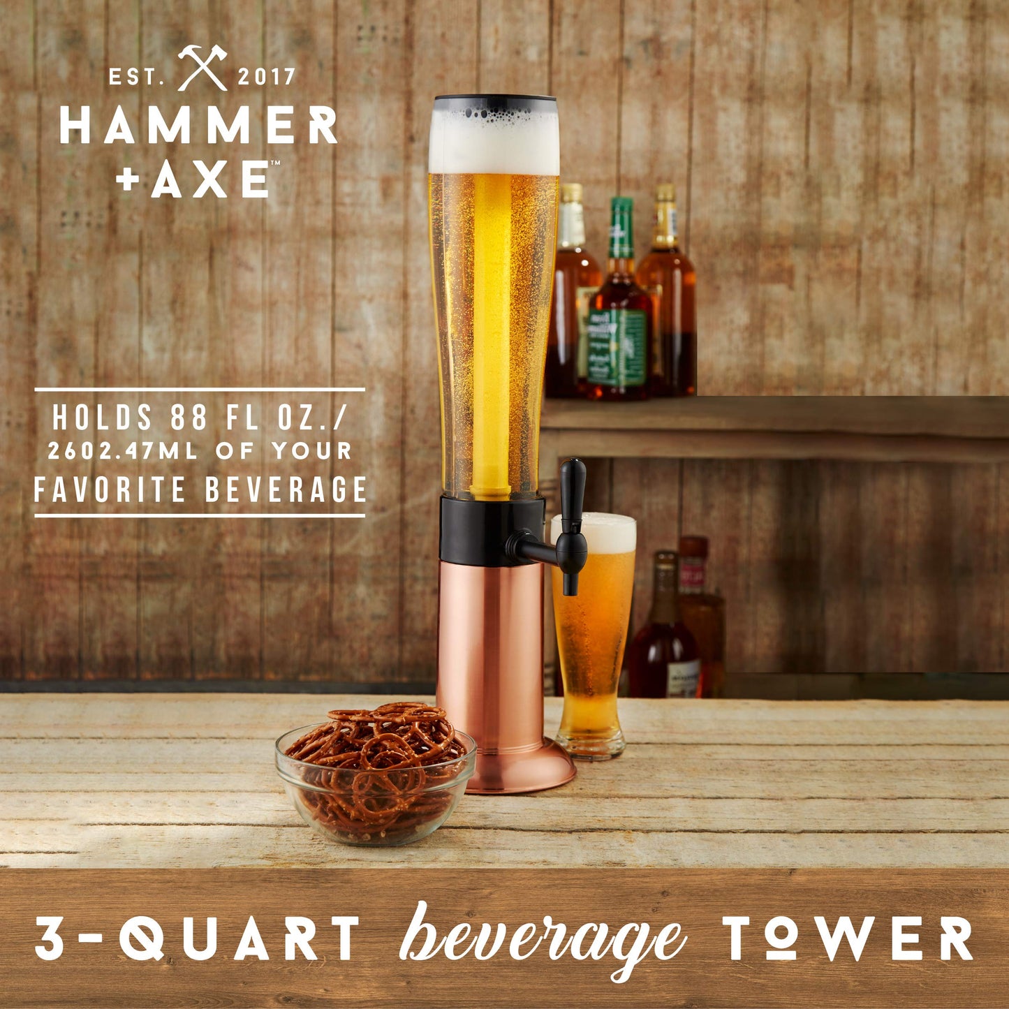 Hammer + Axe Beverage Dispenser – 88 oz Party Drink Dispenser with Ice Tube & Tap| Drink Fountain for Beer, Water, Iced Tea| Mimosa Tower| Margarita Tower| BBQ & Tailgate Essential| Home Bar Accessory