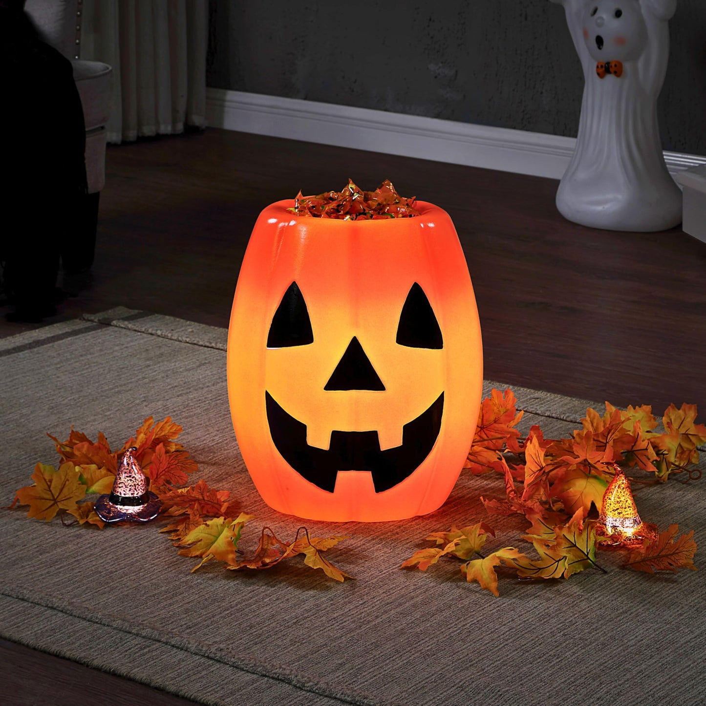 Mr. Halloween 18 in Jack-O-Lantern Candy Bowl with LED Lights, Blow Mold Trick or Treat Holder, Vintage Light Up Halloween Candy Dish