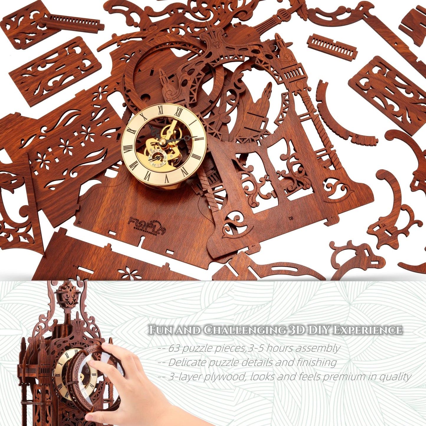 FUNPOLA LED 3D Wood Puzzle Clock Tower, 3D Puzzle Building Model, 3D Home Décor Puzzle DIY 3D Clock Kit for Adults (LED-WTC02)