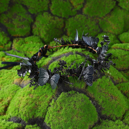 MOSTORY Handmade Black Flower Butterfly Crown - Gohic Elf Headpiece Fairy Floral Headband Dark Wreath for Women s Halloween Renaissance Cosplay Festival Witch Party