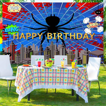 MOXDBT Red Blue Spider Web Superhero Photo Backdrop Banner 71x43 Inch Vibrant Polyester Spider Web Decoration Background for Boys Men Birthday, Baby Shower Bday Table Prop,Spider-Themed Party Decor