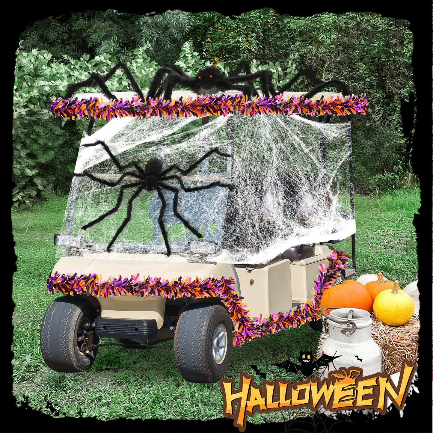 WinnerWhy Halloween Golf Cart Decorations Kit 2 Pcs Giant Spider 4 Pcs Orange Black Purple Garlands with 2 Pack Spider Webs Spooky Golf Cart Decor for Halloween Trunk or Treat Parade