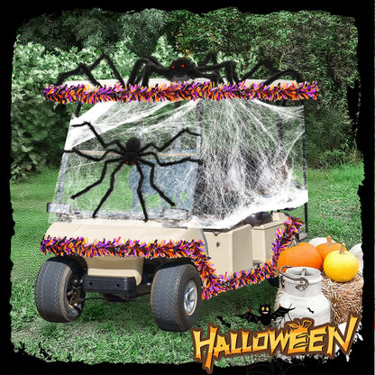 WinnerWhy Halloween Golf Cart Decorations Kit 2 Pcs Giant Spider 4 Pcs Orange Black Purple Garlands with 2 Pack Spider Webs Spooky Golf Cart Decor for Halloween Trunk or Treat Parade