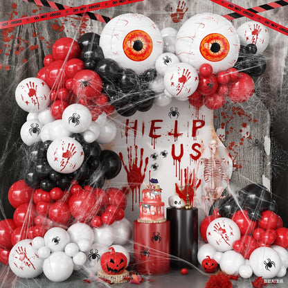 Halloween Balloons Arch Scary Bloody Red White Balloons Garland with Spider Web 3D Spider Stickers Eyeball Blood Handprint Latex Helium Balloon Halloween Birthday Party Decorations Haunted House