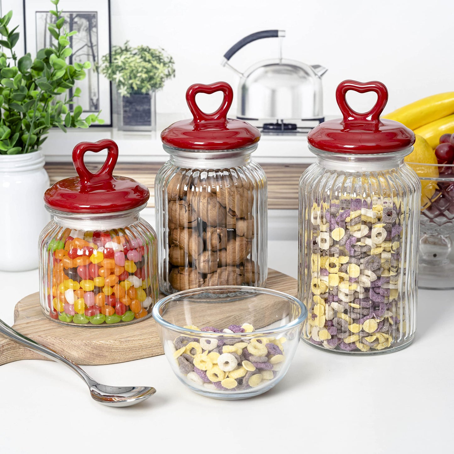 Hyperspace Set of 3 Decorative Glass Kitchen Canister Set, Cookie Jar, Food Storage Containers, Bathroom Jars, with Airtight Ceramic Lid for Kitchen and Bathroom, Red Heart Handle