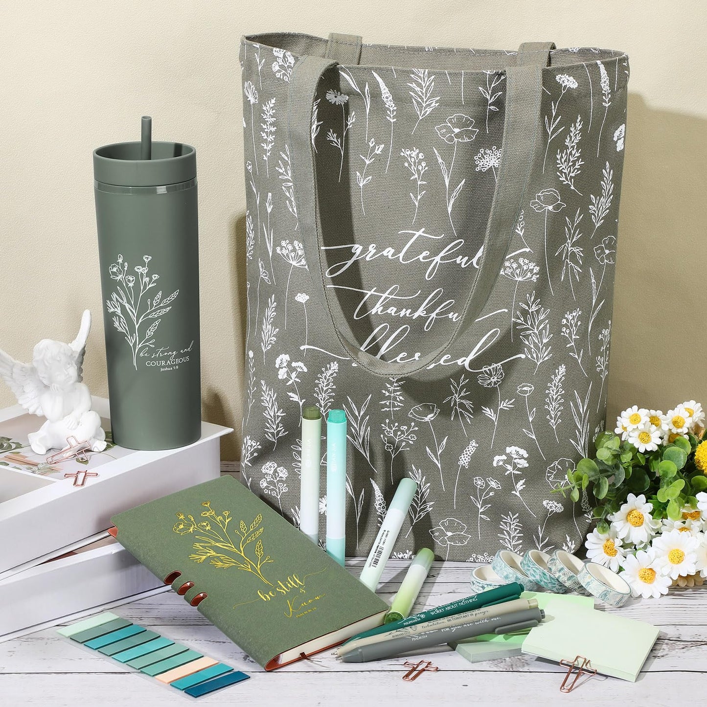 Patelai 29 Pcs Bible Study Supplies Journaling Kit with Christian Cup Tote Bag for Women Gifts Set Pastor Wife Friend Sister Church Religious Sunday School Birthday Gifts(Green)
