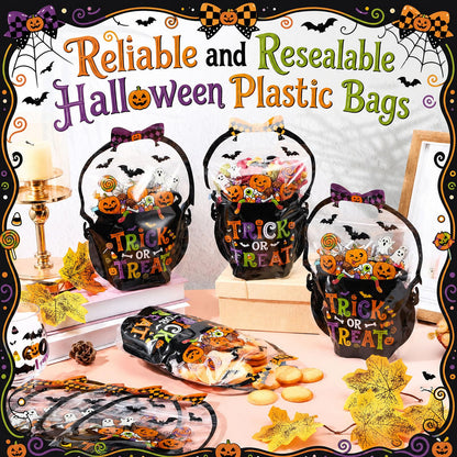 Fuutreo 50 Pcs Halloween Plastic Bags Clear Witch Cauldron Sealed Gift Pouches with Handles Resealable Scary Holiday Favor Bags for Halloween Holiday Party Candy Gift Wrapping Supplies Decoration