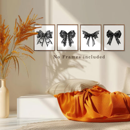 JWVK Coquette Halloween Black Lace Bow Bats Wall Art Prints Set of 4, Gothic Halloween Decor, Halloween Wall Decorations, Dark Academia Halloween Posters Wall Decor for Home Office, 8x10 Unframed