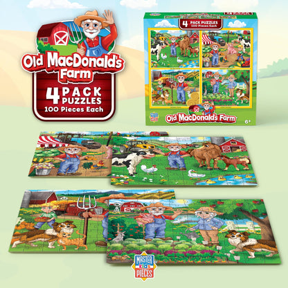 MasterPieces – Jigsaw Puzzle Set for Kids 6+ Years, 4-Pack of 100 Pieces, Educational and Fun Game, Old Macdonald’s Farm Collection, Gift Idea for Children, 8" x 10"