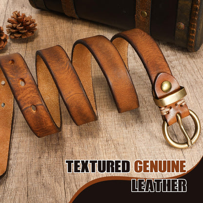 SANSTHS Womens Genuine Leather Belts for Jeans Pants Trendy Vintage Thin Leather Belt Gold Buckle Ladies Skinny Waist Belt,Brown,S