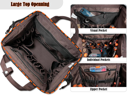 WELKINLAND 88-Pockets Waxed- Canvas HAVC Tool Backpack,Heavy-Duty electrician tools backpack,Open-Top technician tool bag backpackTool back pack for construction