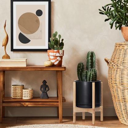 D'vine Dev Ceramic Planter with Natural Stand - 10 Inch Modern Round Flower Pot with Wood Planter Holder, Black, 55-B-K-2