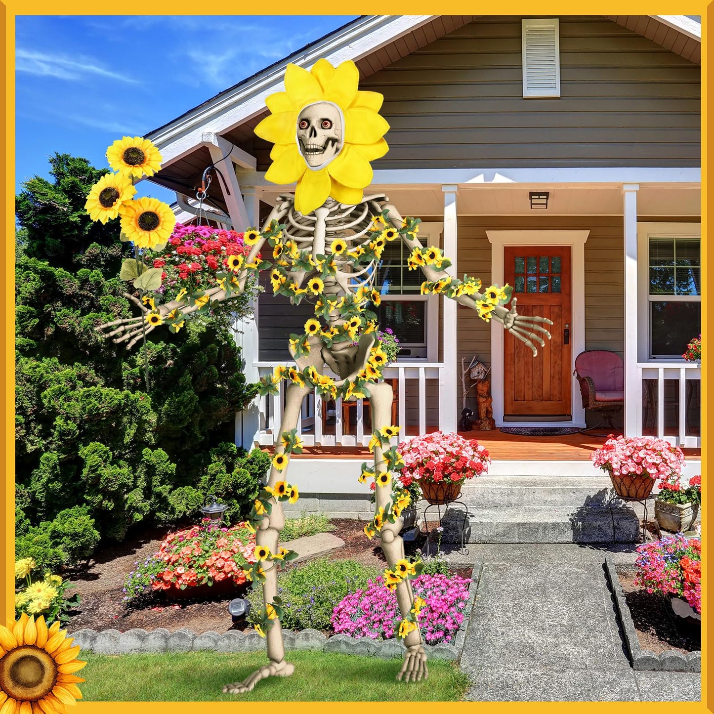 Hollowfly 3 Pcs 12 ft Skeleton Clothes Accessories Set Including Yellow Sunflower Head Wrap Garland and Bouquets of Sunflower Flowers for Spring Skeleton Costume Summer Outfit Dress Decor