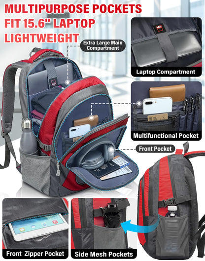 ProEtrade Backpack Bookbag for College Sturdy Travel Business Hiking Fit Laptop Up to 15.6 Inch Multi Compartment Gifts for Men Women Night Light Reflective (red)