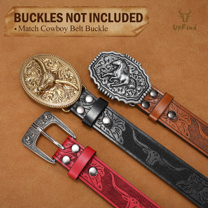 UpFind Western Leather Belt Strap without Buckle for Women Men Retro 1.5" Wide Floral Engraved Cowboy Cowgirl Belts for Jeans, Red