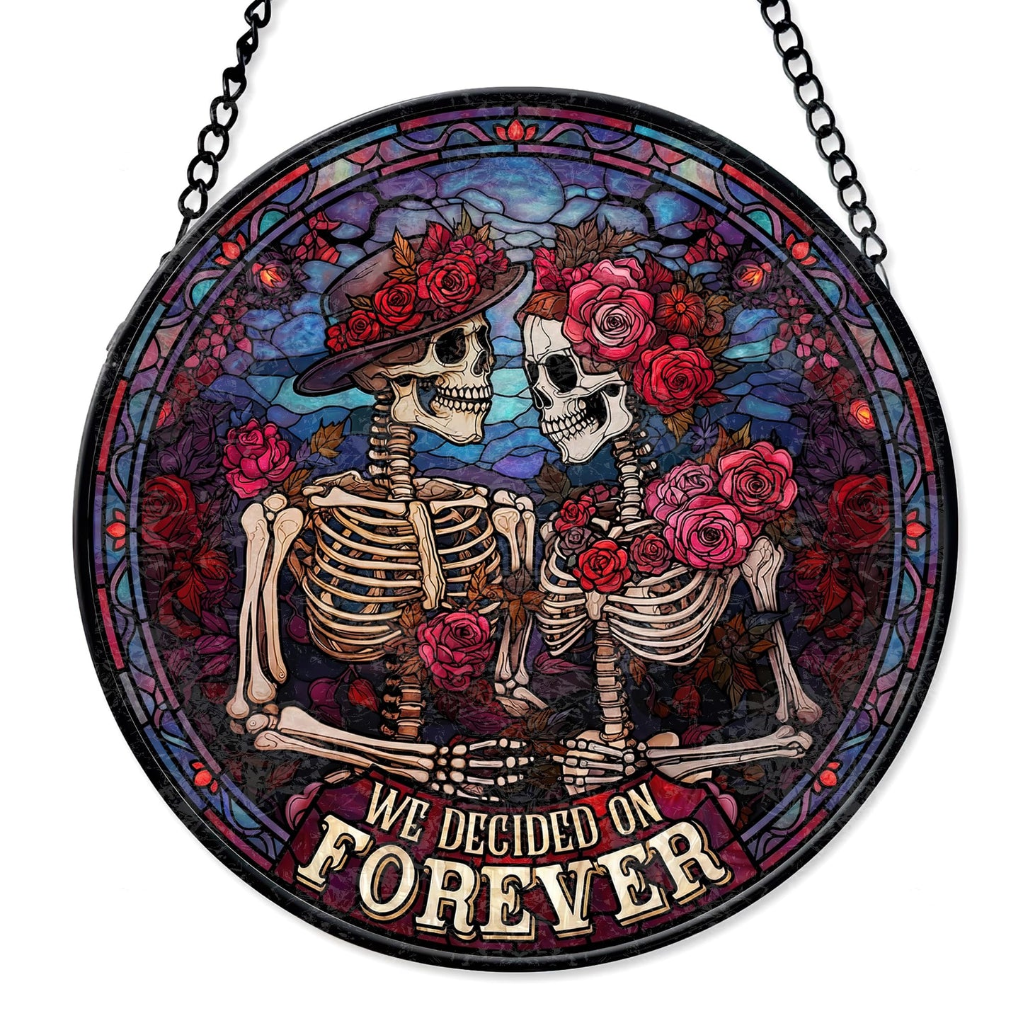 FIVITY FIVITY Stained Glass Window Hanging 7.8'' Skeleton Couple Suncatcher We Decided On Forever Stained Glass Ornament Suncatchers with Hanging Chain for Wife Husband Wedding for Hi