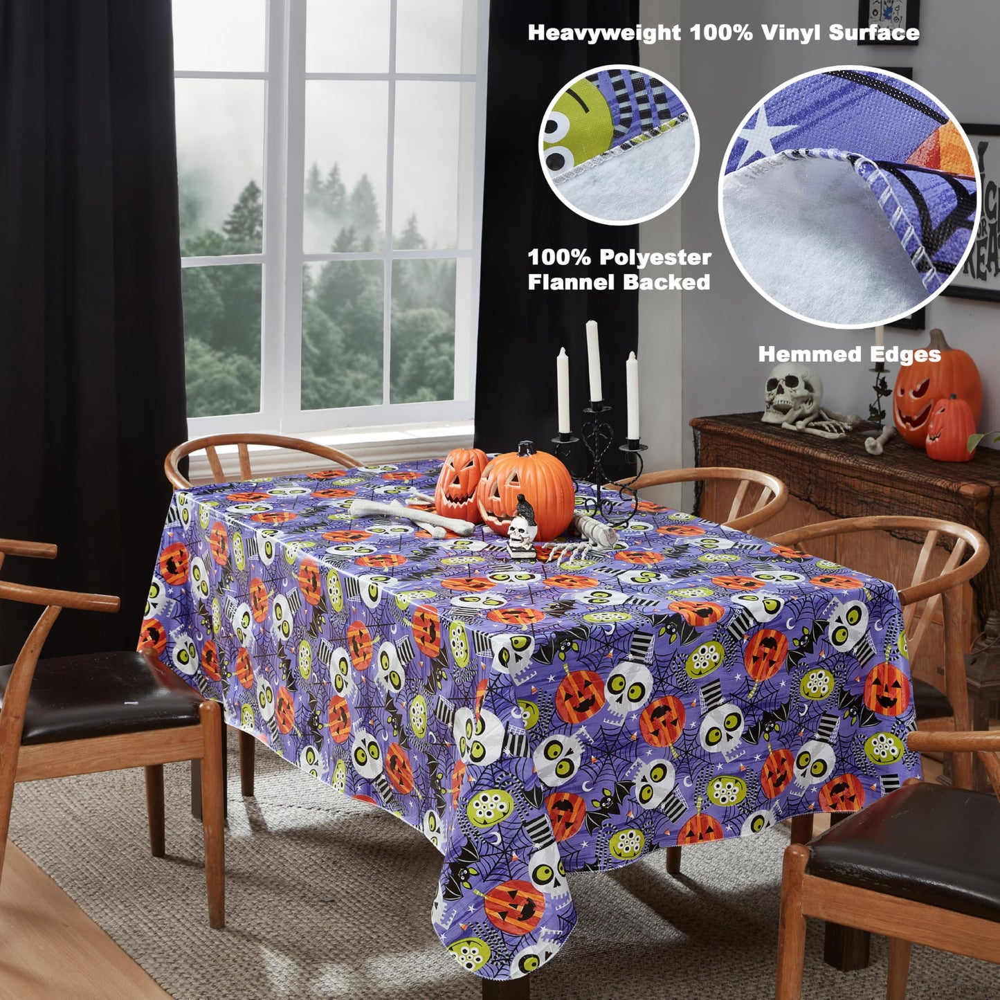 Newbridge Halloween Whimsical Ghoulish Gang 52 x 52 Inch Square Vinyl Tablecloth with Flannel Backing, Fun Skulls and Pumpkin Design, Easy Care Wipe Clean Halloween Table Cover