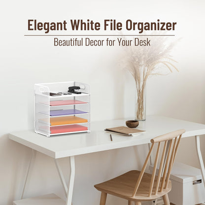 Supeasy 5 Trays Paper Organizer Letter Tray with Handle-Mesh Desk File Holders, Paper Sorter Desk Organizer for Office, Home, Classroom or School, White