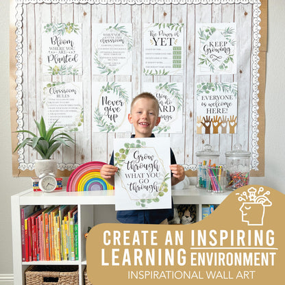 Hadley Designs Motivational Poster for Classroom Decor - 9 Growth Mindset Classroom Posters Elementary, Inspirational Wall Decor Middle School, Teacher Must Haves, Greenery Bulletin Board Decorations