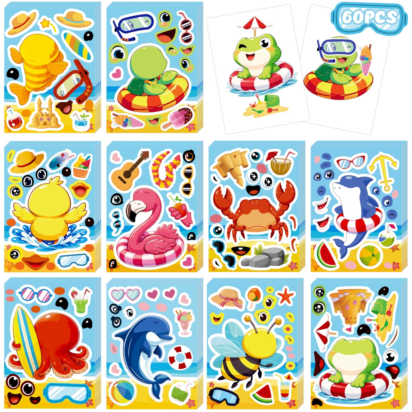 60Sheets Summer Animal Stickers Crafts Bulk, Hawaiian Beach Tropical Make-A-Flamingo/Bee/Fish Face Sticker Holiday Gifts Luau Pool Activity Games Goodie Bag Stuffer Party Favors(Small Size)