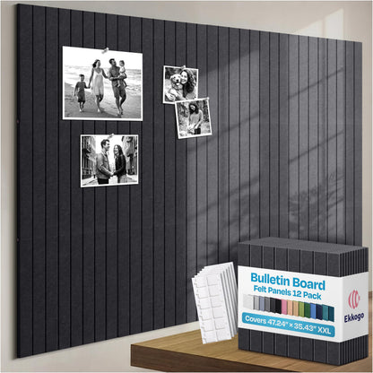 Ekkogo X-Large Cork Board Alternative 12-Pack Felt Bulletin Board Thick and Decorative Pin Board for Home Office Walls 47.24 x 35.43 Inches with 72 Adhesive Tabs - [Dark Gray]
