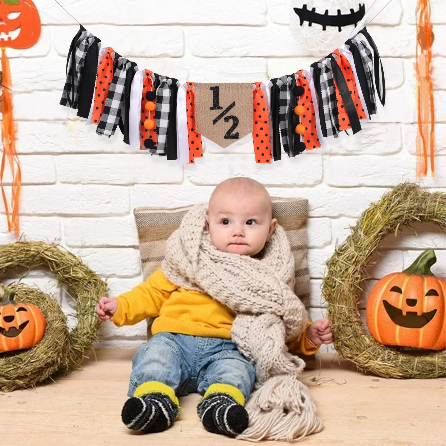 Halloween Half Birthday Highchair Banner - Black Orange Girls Half Birthday Banner, Spooky 1/2 Cake Smash Photo Backdrop, Fall Thanksgiving Day 6 Months Party Supplies