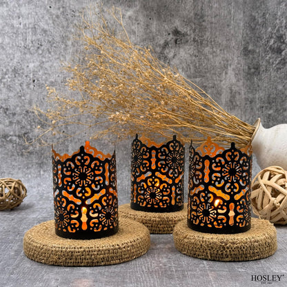 Hosley Set of 3 Black Metal Candle Holders 4 Inch High - Lattice Cut Lanterns for Table Centerpiece, Wedding, Home Decor, Indoor Outdoor
