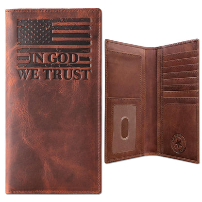 American Flag Long Wallet for Men - Western Wallets for Men with ‘IN GOD WE TRUST’ – Distressed Full Grain Leather – RFID Blocking Long Bifold Cowboy Wallet – Patriotic Father's Day (7 Inches)