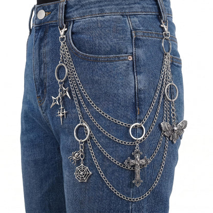 Thrist Punk Jeans Chains Keychain Set - 7 Pieces Y2K Goth Grunge EMO Layered Chunky Pants Chain Keychain Set Silver Star Belt Chains Keychains Jewelry Accessory for Women Men Jeans Bag Pocket Wallet