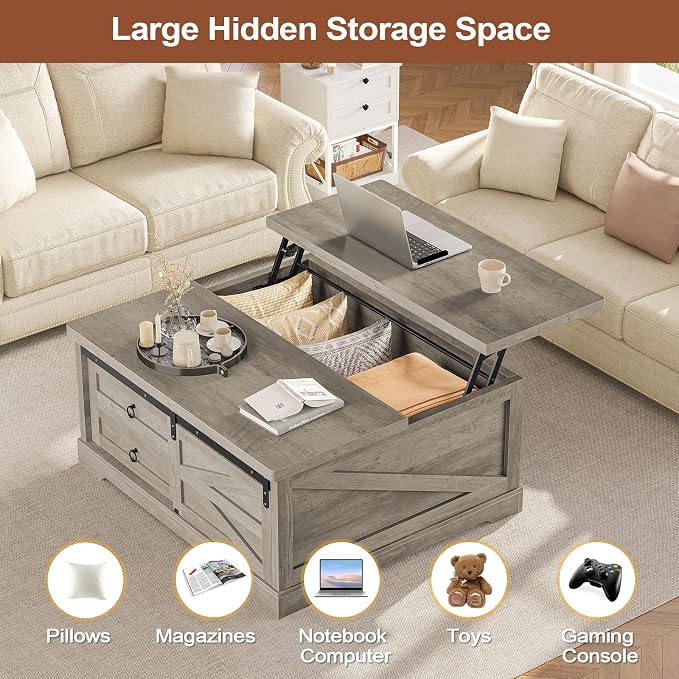 Itaar 39.4'' Lift Top Coffee Table with Storage, Farmhouse Coffee Tables for Living Room, Square Coffee Table with Large Hodden Compartment & 2 Drawrs & Adjustables Shelves (Gray)