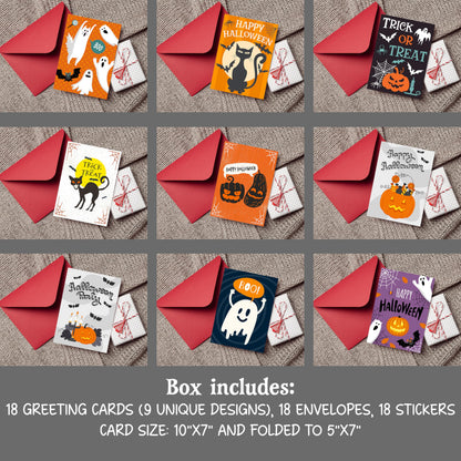 Halloween Cards with Envelopes, 18-Pack 5x7 Greeting Cards with Stickers