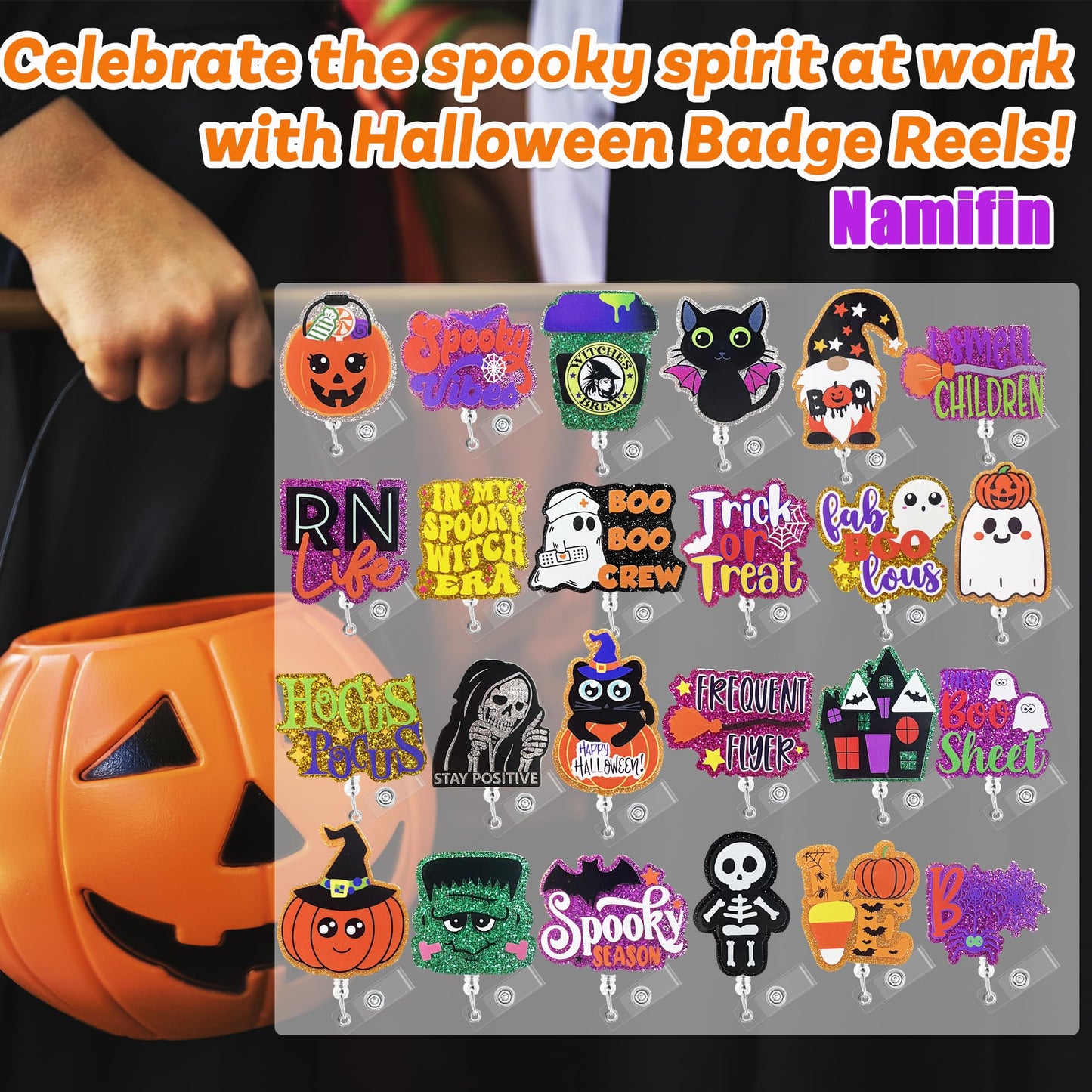 Namifin 24PCS Halloween Badge Reels with Alligator Clip Funny Retractable Spooky Holiday Badge Holders Nurse Gifts Accessories Gifts for Friends, Co-Workers