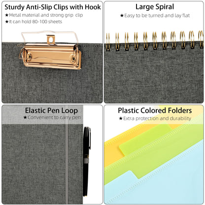 Ospelelf Foldable Spiral Clipboard Folio with Storage Zipper Pouch, 5 Plastic Folders with 10 Pockets,Refillable Lined Notepad (11" x 8.5"), Hardcover Project Organizer with 39 Stickers (Dark Grey)