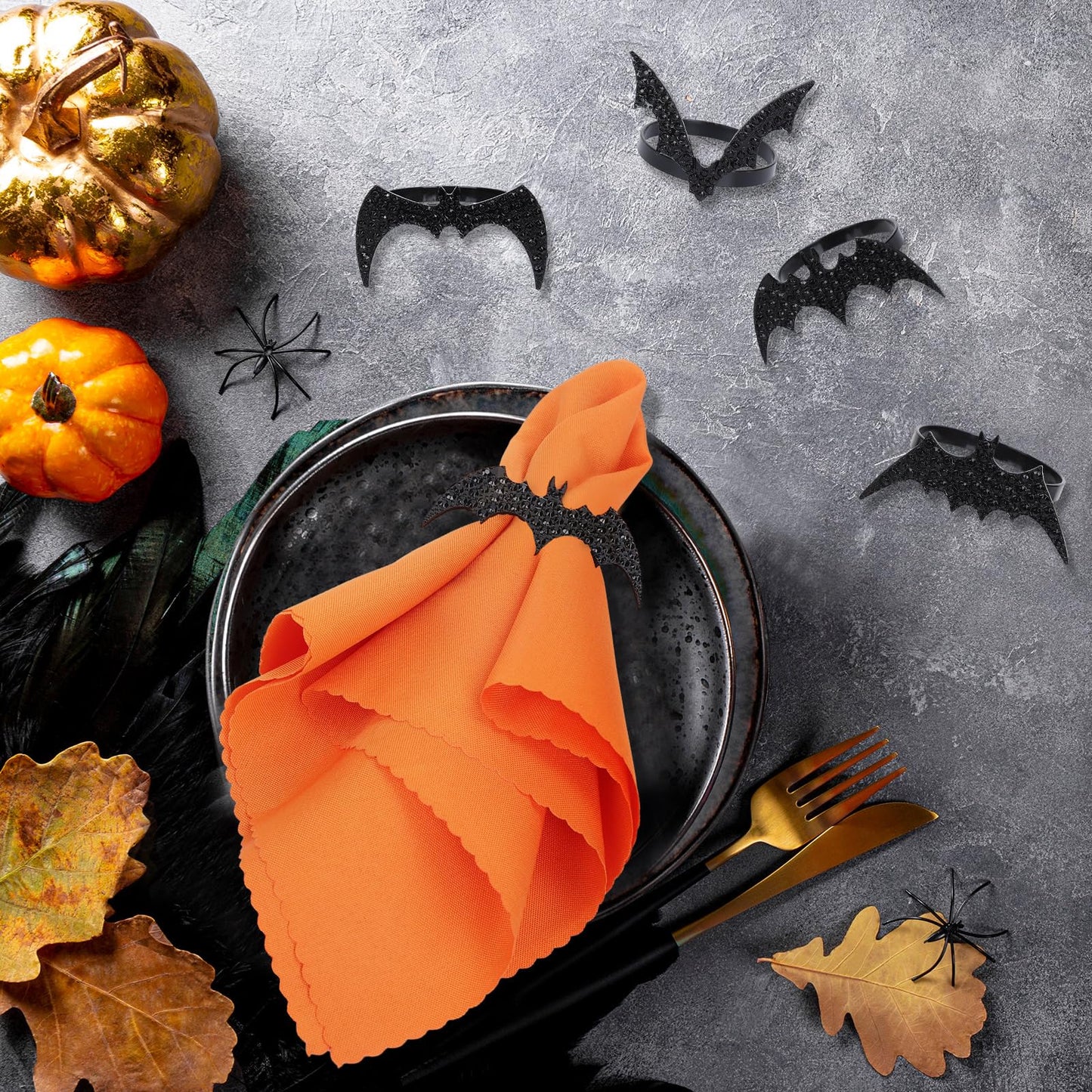 Whaline 16Pcs Halloween Bat Napkin Ring with Washable Orange Cloth Dinner Napkins 4 Designs Black Bat Metal Napkin Ring Holders for Home Dinner Table Setting